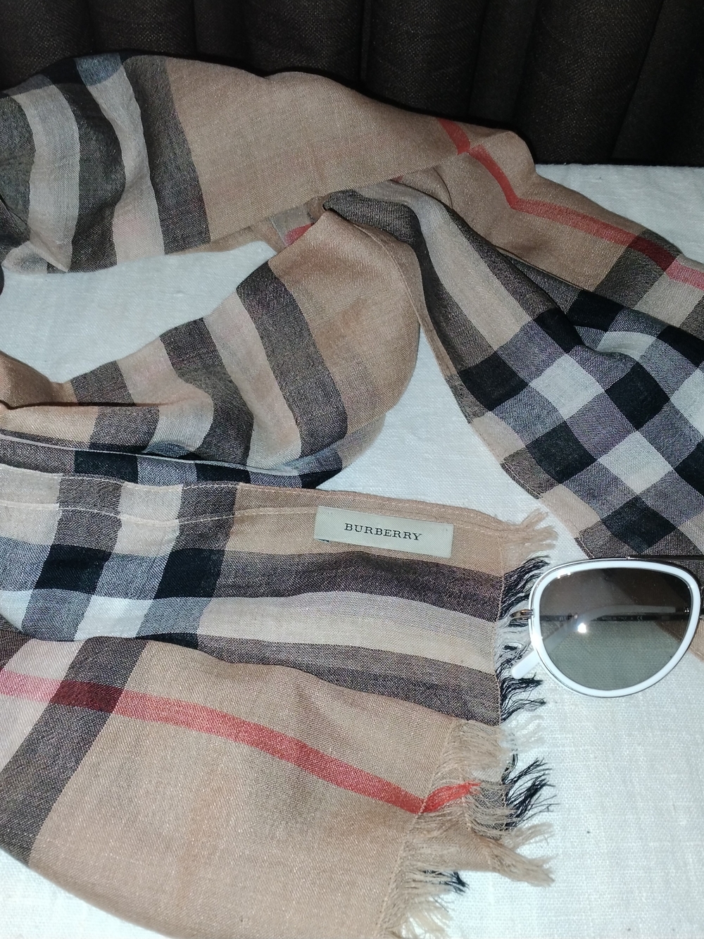Burberry Beige and Black Check Sheer Lightweight Plaid Scarf